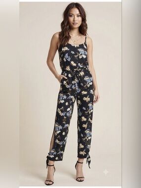 Lascana for Venus Floral Black Side Slit Tie Jumpsuit